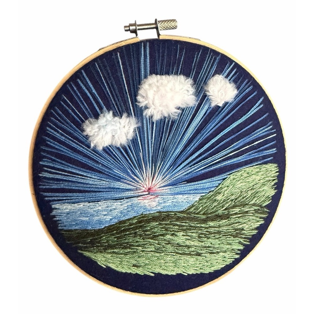 Handwoven Fiber Art Landscape Embroidery Hoop Signed Heidi 6.75" Wall Art